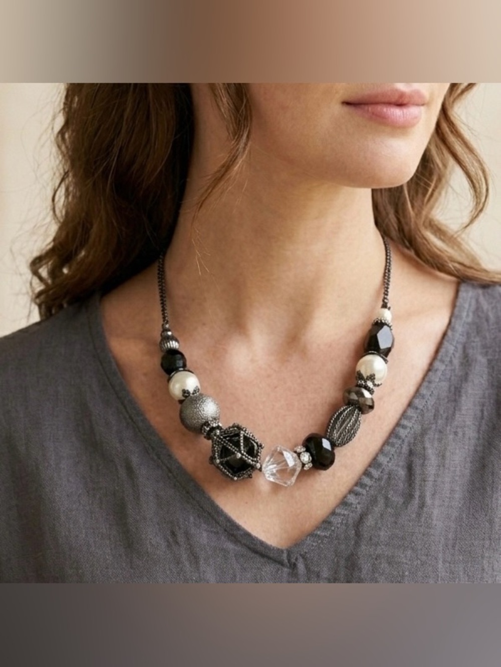 Tabi Mixed Media Beaded Statement Necklace Monochrome Textured Jewelry